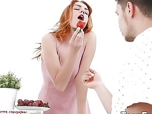 Spectacular Ginger Candy Crimson Complies Her Teenage Cooch With Fresh Strawberries